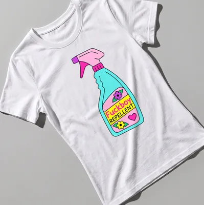 Colorful cartoon graphic of a spray bottle with the text 'Fuckboy REPPELLENT' — printed on a women's shirt