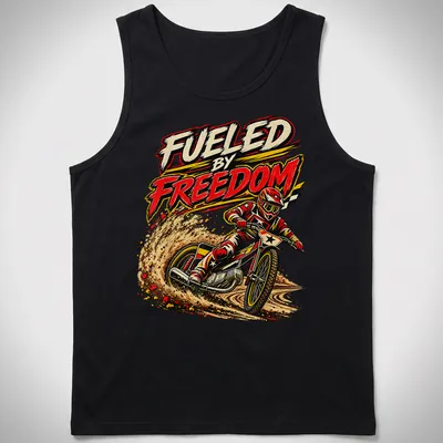 Vintage comic style shirt with a flat track motorcycle racer and bold text — printed on a tank top