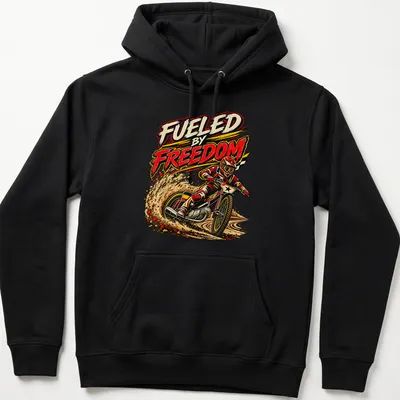 Vintage comic style shirt with a flat track motorcycle racer and bold text — printed on a unisex hoodie