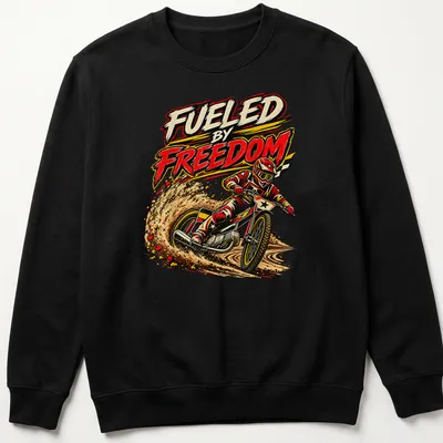 Vintage comic style shirt with a flat track motorcycle racer and bold text — printed on a unisex sweatshirt