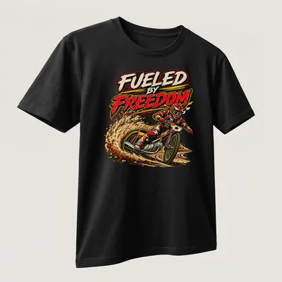 Vintage comic style shirt with a flat track motorcycle racer and bold text — printed on a unisex t-shirt (angled view)