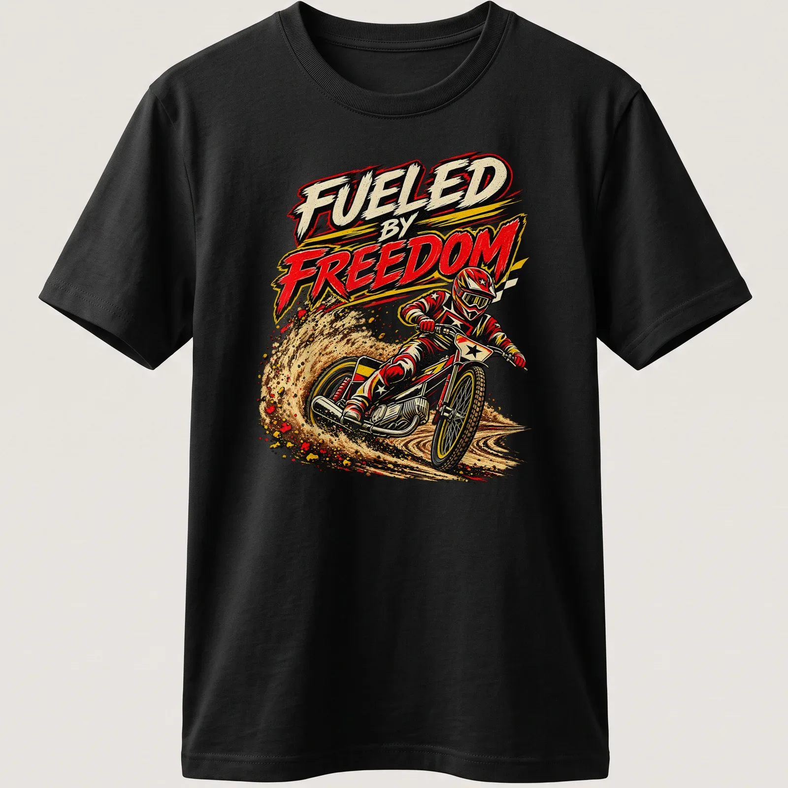 Vintage comic style shirt with a flat track motorcycle racer and bold text — printed on a unisex t-shirt
