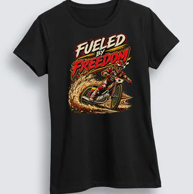 Vintage comic style shirt with a flat track motorcycle racer and bold text — printed on a women's shirt