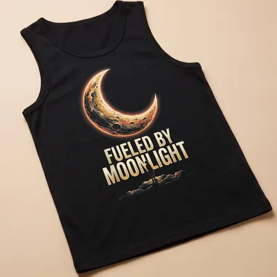 Vintage halftone stargazer silhouette with text Fueled By Moonlight — printed on a tank top