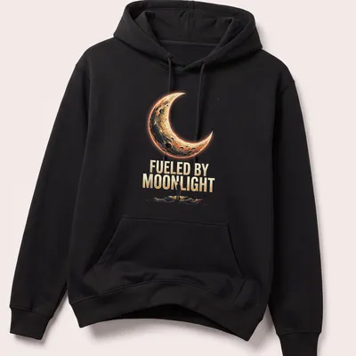 Vintage halftone stargazer silhouette with text Fueled By Moonlight — printed on a unisex hoodie