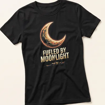 Vintage halftone stargazer silhouette with text Fueled By Moonlight — printed on a women's shirt