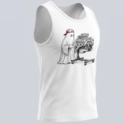 Ghost mechanic illustration wrenching on a V8 engine in black, white, and red — printed on a tank top