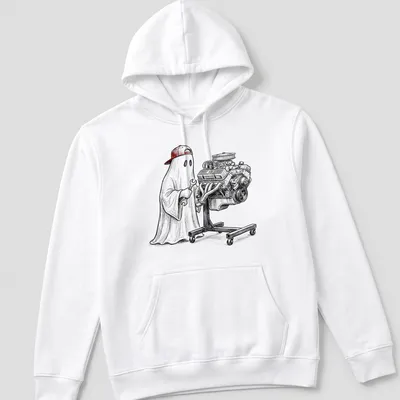 Ghost mechanic illustration wrenching on a V8 engine in black, white, and red — printed on a unisex hoodie