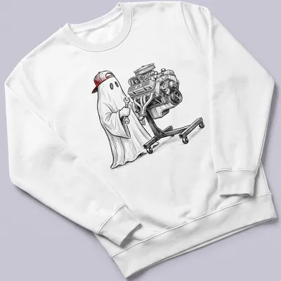 Ghost mechanic illustration wrenching on a V8 engine in black, white, and red — printed on a unisex sweatshirt