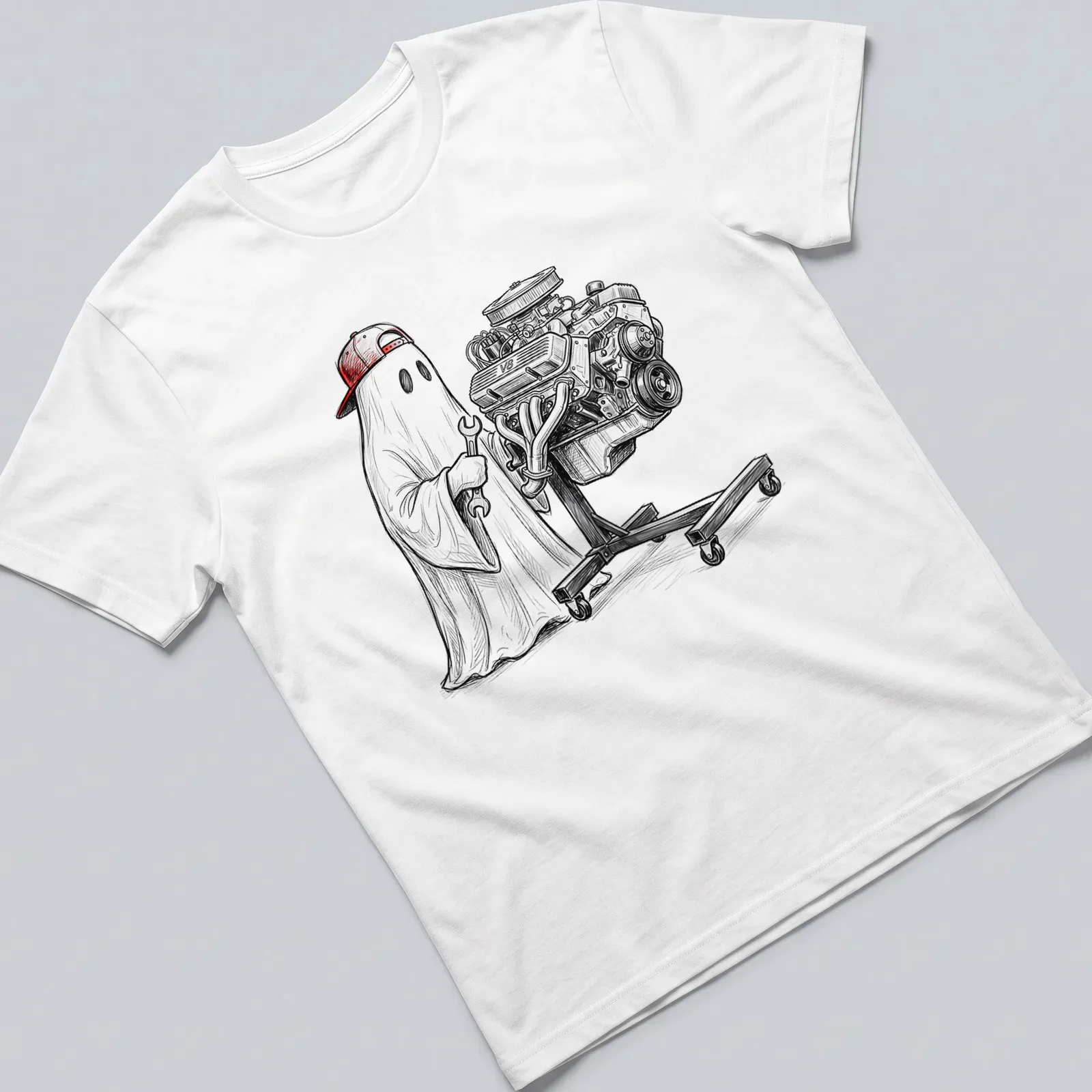 Ghost mechanic illustration wrenching on a V8 engine in black, white, and red — printed on a unisex t-shirt