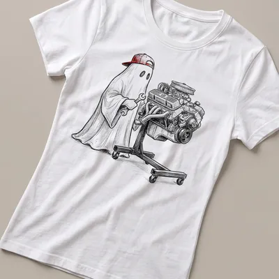 Ghost mechanic illustration wrenching on a V8 engine in black, white, and red — printed on a women's shirt