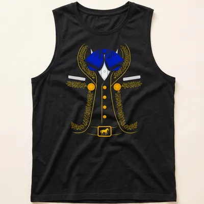 Colorful illustration of a Mexican Charro costume in blue, yellow, and white — printed on a tank top