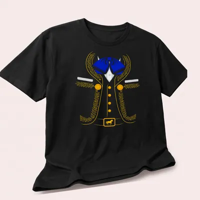 Colorful illustration of a Mexican Charro costume in blue, yellow, and white — printed on a unisex t-shirt (angled view)