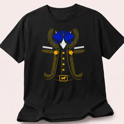 Colorful illustration of a Mexican Charro costume in blue, yellow, and white — printed on a unisex t-shirt