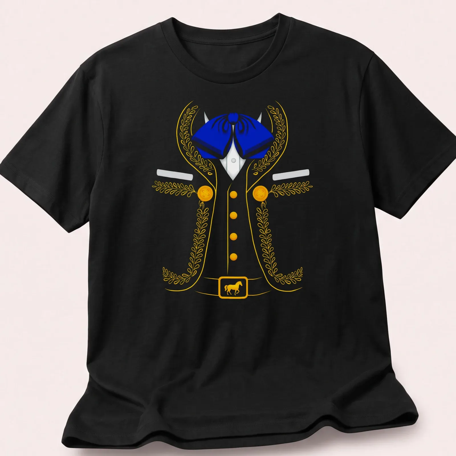 Colorful illustration of a Mexican Charro costume in blue, yellow, and white — printed on a unisex t-shirt