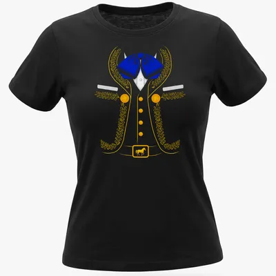 Colorful illustration of a Mexican Charro costume in blue, yellow, and white — printed on a women's shirt