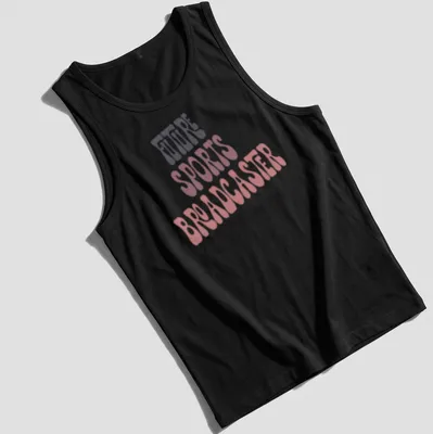 Retro playful Future Sports Broadcaster t-shirt with vibrant color text. — printed on a tank top