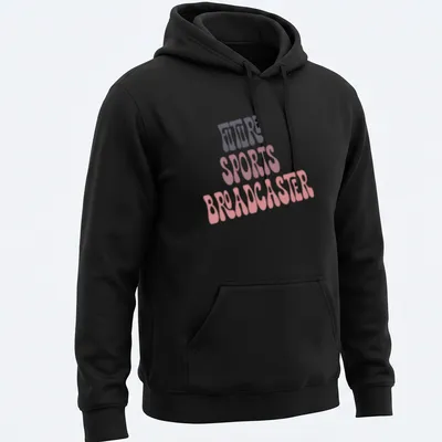 Retro playful Future Sports Broadcaster t-shirt with vibrant color text. — printed on a unisex hoodie