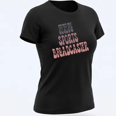 Retro playful Future Sports Broadcaster t-shirt with vibrant color text. — printed on a women's shirt