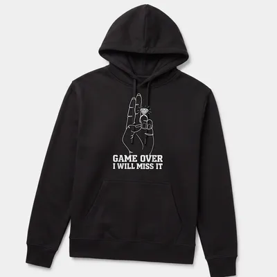 Line art of a hand with a diamond ring and text reading GAME OVER I WILL MISS IT — printed on a unisex hoodie