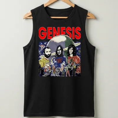 Vintage watercolor art of three musicians in outer space with the word 'GENESIS' — printed on a tank top