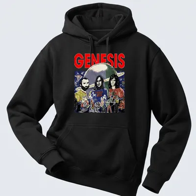 Vintage watercolor art of three musicians in outer space with the word 'GENESIS' — printed on a unisex hoodie