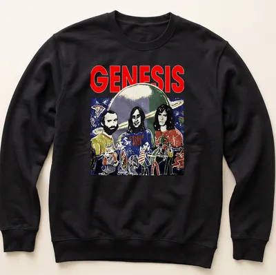Vintage watercolor art of three musicians in outer space with the word 'GENESIS' — printed on a unisex sweatshirt