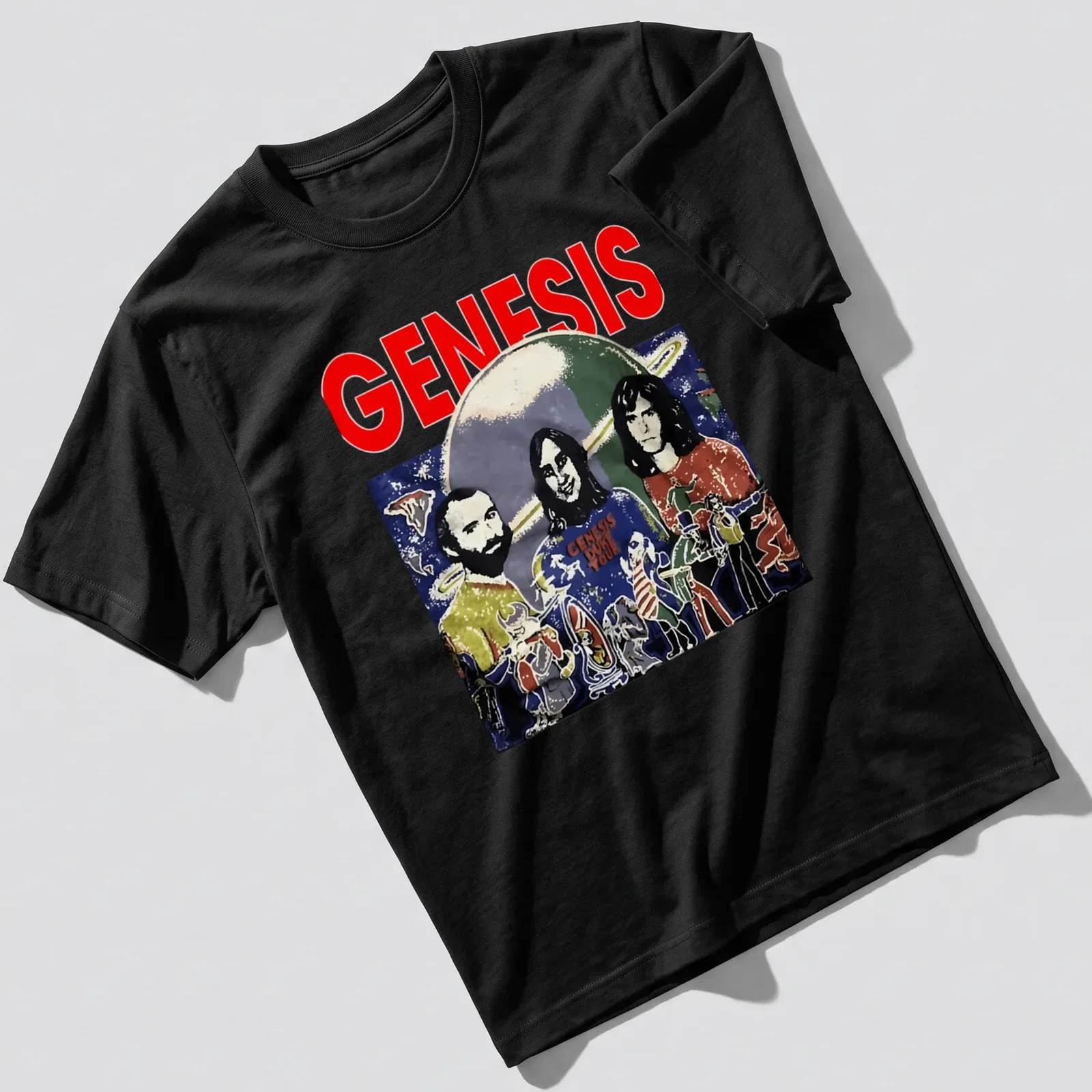 Vintage watercolor art of three musicians in outer space with the word 'GENESIS' — printed on a unisex t-shirt