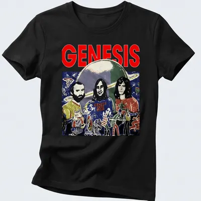 Vintage watercolor art of three musicians in outer space with the word 'GENESIS' — printed on a women's shirt