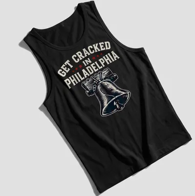Vintage-style t-shirt featuring the Liberty Bell with humorous text about getting cracked in Philadelphia — printed on a tank top