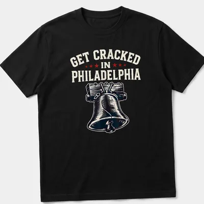 Vintage-style t-shirt featuring the Liberty Bell with humorous text about getting cracked in Philadelphia — printed on a unisex t-shirt