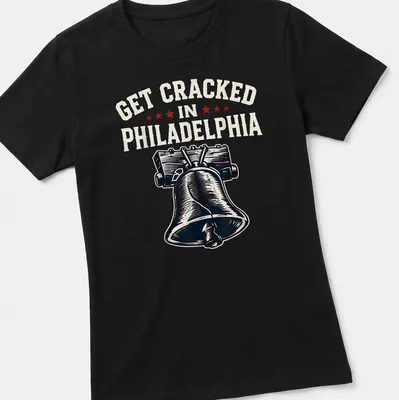 Vintage-style t-shirt featuring the Liberty Bell with humorous text about getting cracked in Philadelphia — printed on a women's shirt