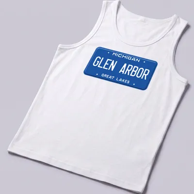 Vintage-style Michigan Glen Arbor license plate graphic — printed on a tank top