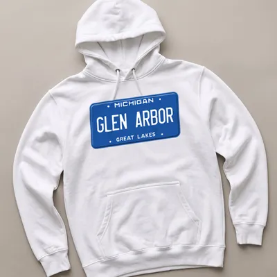 Vintage-style Michigan Glen Arbor license plate graphic — printed on a unisex hoodie