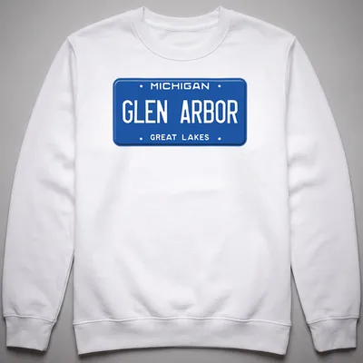 Vintage-style Michigan Glen Arbor license plate graphic — printed on a unisex sweatshirt