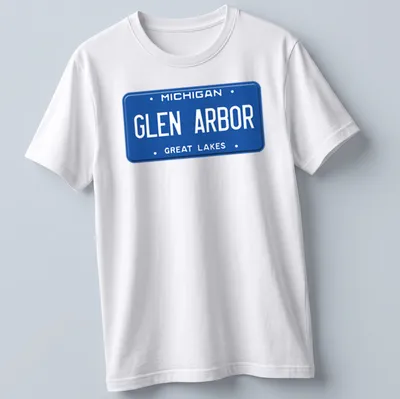 Vintage-style Michigan Glen Arbor license plate graphic — printed on a unisex t-shirt