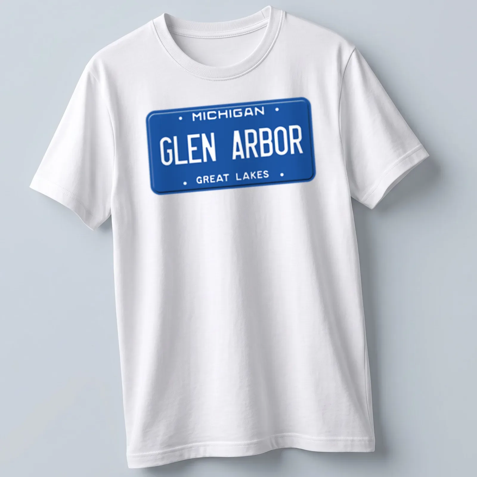 Vintage-style Michigan Glen Arbor license plate graphic — printed on a unisex t-shirt