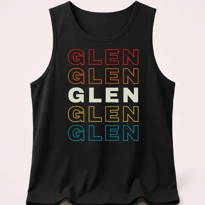 Retro t-shirt featuring the name Glen in colorful text design — printed on a tank top