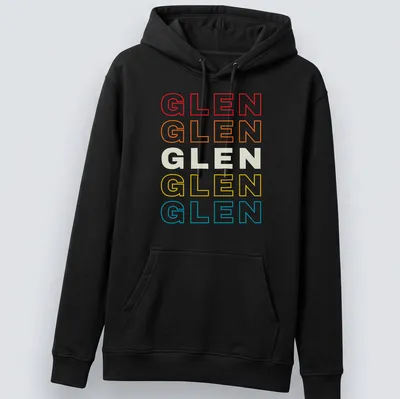 Retro t-shirt featuring the name Glen in colorful text design — printed on a unisex hoodie