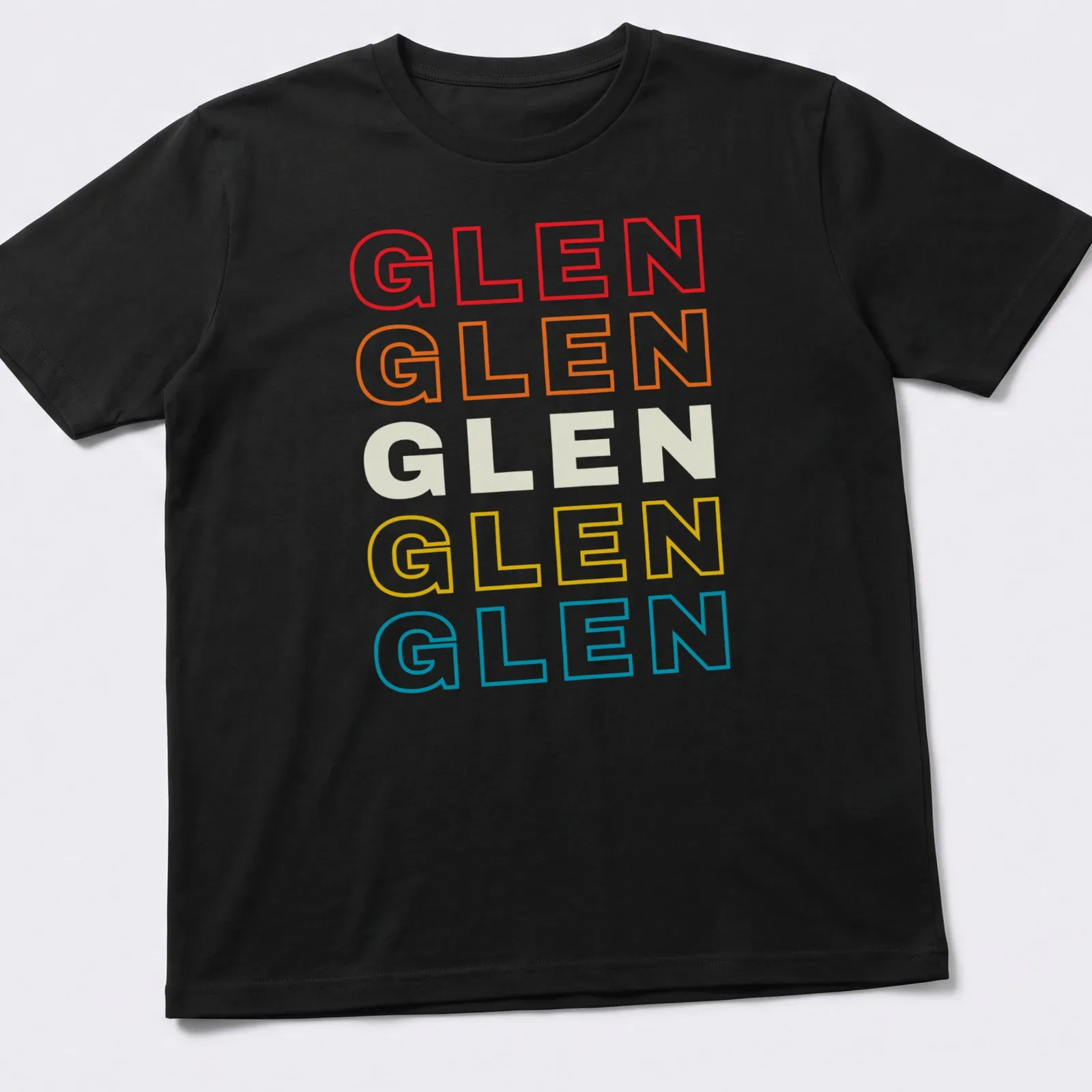 Retro t-shirt featuring the name Glen in colorful text design — printed on a unisex t-shirt