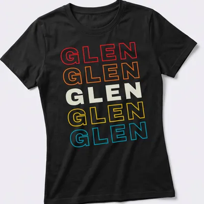 Retro t-shirt featuring the name Glen in colorful text design — printed on a women's shirt