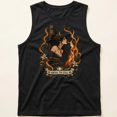Detailed illustration of a witch lighting a cigarette with bold text — printed on a tank top