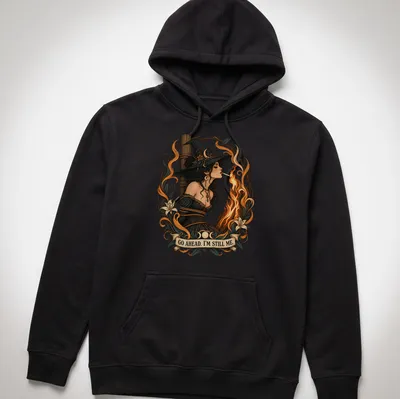 Detailed illustration of a witch lighting a cigarette with bold text — printed on a unisex hoodie