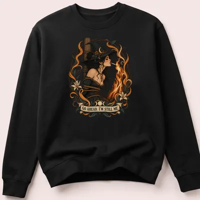 Detailed illustration of a witch lighting a cigarette with bold text — printed on a unisex sweatshirt