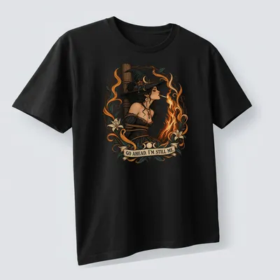 Detailed illustration of a witch lighting a cigarette with bold text — printed on a unisex t-shirt (angled view)
