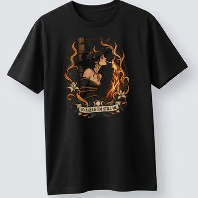 Detailed illustration of a witch lighting a cigarette with bold text — printed on a unisex t-shirt