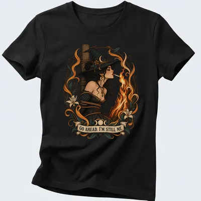 Detailed illustration of a witch lighting a cigarette with bold text — printed on a women's shirt