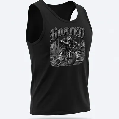 Vintage Y2K T-shirt featuring a skeleton riding a bike with bold 'GOATED' text. — printed on a tank top