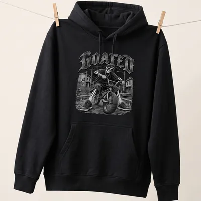 Vintage Y2K T-shirt featuring a skeleton riding a bike with bold 'GOATED' text. — printed on a unisex hoodie