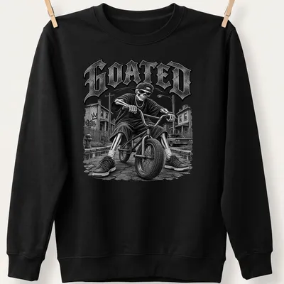 Vintage Y2K T-shirt featuring a skeleton riding a bike with bold 'GOATED' text. — printed on a unisex sweatshirt